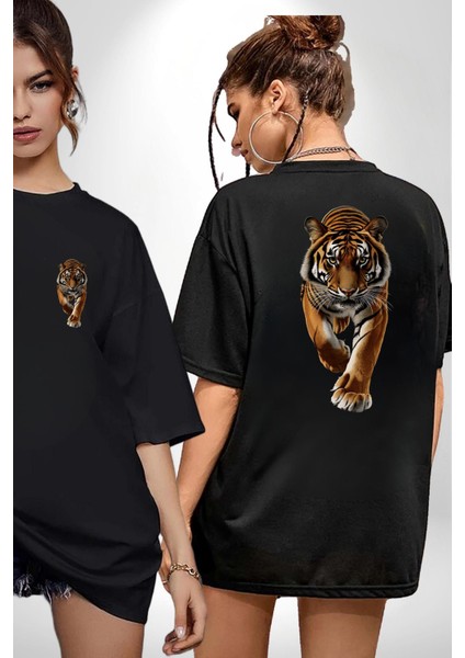 Güçlü Kaplan Desenli Doğa Vahşi Yaşam Siyah Oversize Kadın Erkek Ön ve Sırt Baskılı Tişört fırsatları