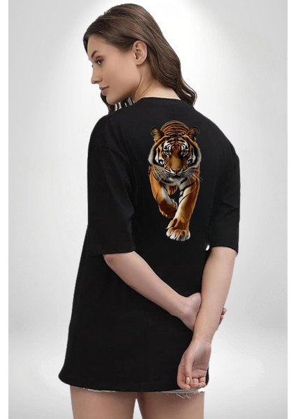 Güçlü Kaplan Desenli Doğa Vahşi Yaşam Siyah Oversize Kadın Erkek Ön ve Sırt Baskılı Tişört indirimleri