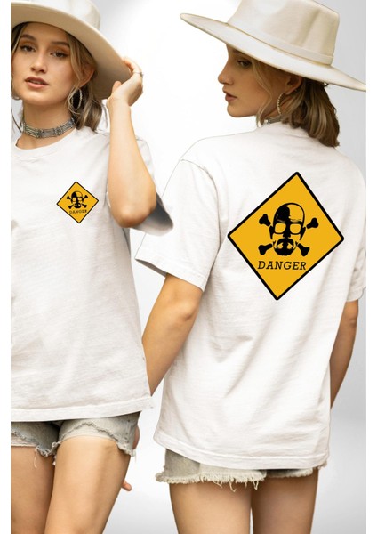 Tehlike Uyarısı Tasarımı Breaking Bad Temalı Beyaz Oversize Kadın Erkek Ön ve Sırt Baskılı Tişört