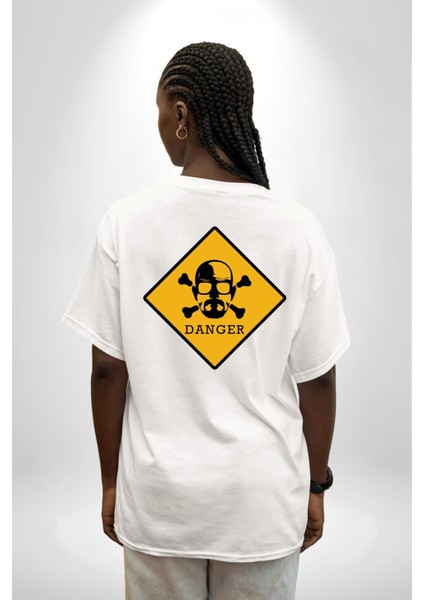 Tehlike Uyarısı Tasarımı Breaking Bad Temalı Beyaz Oversize Kadın Erkek Ön ve Sırt Baskılı Tişört fiyatları