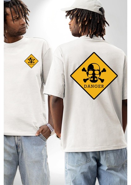 Tehlike Uyarısı Tasarımı Breaking Bad Temalı Beyaz Oversize Kadın Erkek Ön ve Sırt Baskılı Tişört fırsatları