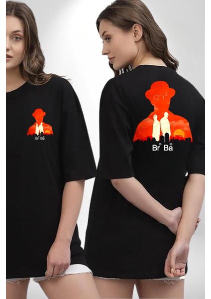 Walter White Br Ba Silüetli Siyah Oversize Kadın Erkek Ön ve Sırt Baskılı Tişört