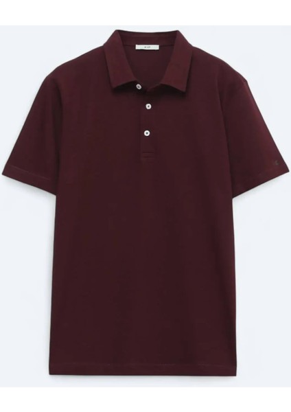 Bordo Polo Yaka Pamuk Karışımlı T-Shirt
