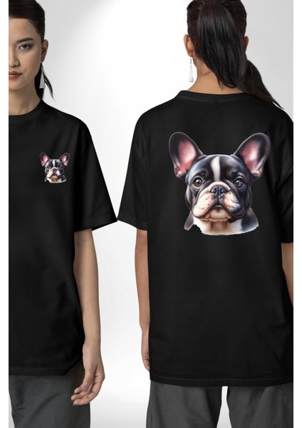 Evcil Dost Fransız Bulldog Köpek Dostu Siyah Oversize Kadın Erkek Ön ve Sırt Baskılı Tişört