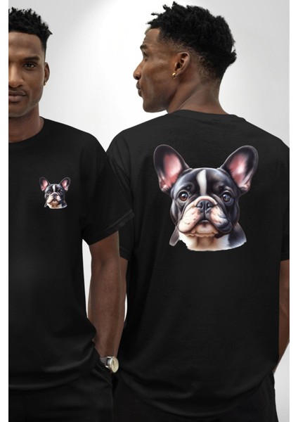 Evcil Dost Fransız Bulldog Köpek Dostu Siyah Oversize Kadın Erkek Ön ve Sırt Baskılı Tişört fırsatları