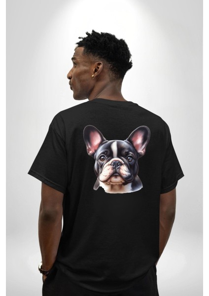 Evcil Dost Fransız Bulldog Köpek Dostu Siyah Oversize Kadın Erkek Ön ve Sırt Baskılı Tişört indirimleri