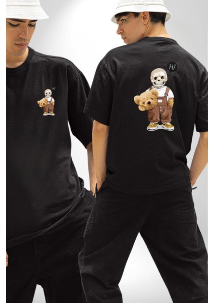 Kendin Ol Baskılı Kurukafa Ayı Teddy Siyah Oversize Kadın Erkek Ön ve Sırt Baskılı Tişört fırsatları