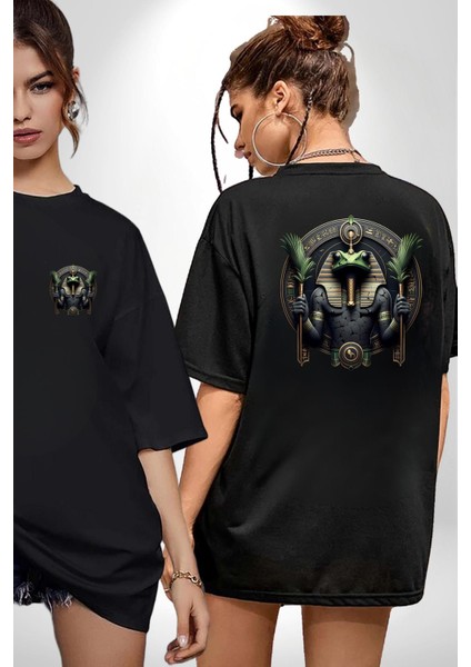 Heh Zaman ve Ebediyet Tanrısı Mısır Siyah Oversize Kadın Erkek Ön ve Sırt Baskılı Tişört