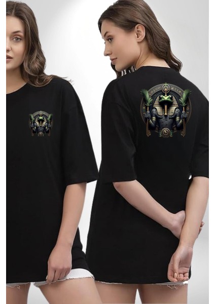 Heh Zaman ve Ebediyet Tanrısı Mısır Siyah Oversize Kadın Erkek Ön ve Sırt Baskılı Tişört fırsatları