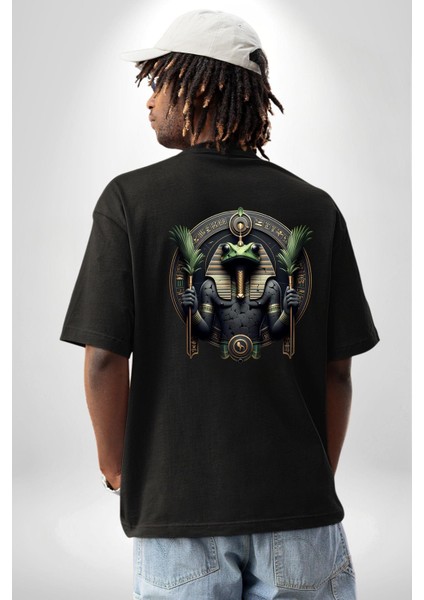 Heh Zaman ve Ebediyet Tanrısı Mısır Siyah Oversize Kadın Erkek Ön ve Sırt Baskılı Tişört indirimleri