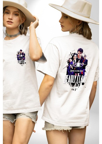 Deadly Class Öğrenciler Arasında Hayatta Kalma Beyaz Oversize Kadın Erkek Ön ve Sırt Baskılı Tişört