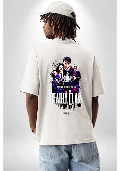 Deadly Class Öğrenciler Arasında Hayatta Kalma Beyaz Oversize Kadın Erkek Ön ve Sırt Baskılı Tişört fiyatları
