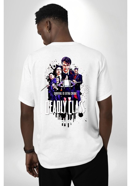 Deadly Class Öğrenciler Arasında Hayatta Kalma Beyaz Oversize Kadın Erkek Ön ve Sırt Baskılı Tişört indirimleri