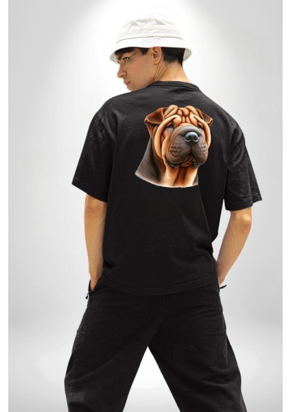 Buruşuk Derili Shar Pei Köpek Siyah Oversize Kadın Erkek Ön ve Sırt Baskılı Tişört fiyatları