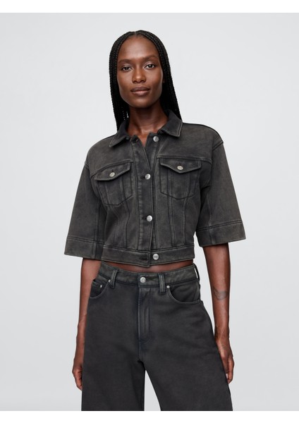 Kadın Siyah Heavyweight Fransız Havlu Kumaş Denim Kısa Ceket