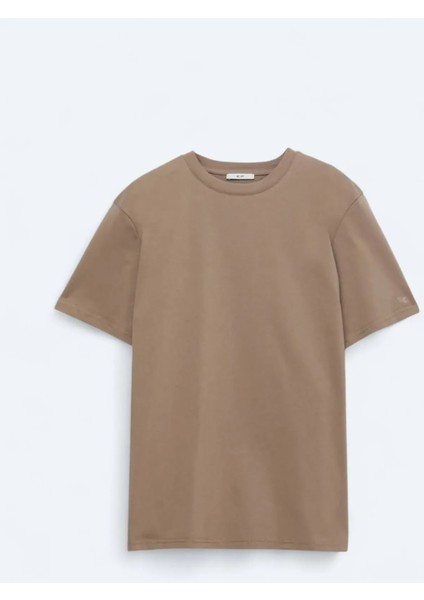 Kahverengi Bisiklet Yaka %100 Pamuk T-Shirt