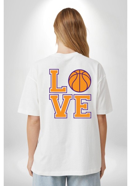Basketbol Severler Için Love Beyaz Oversize Kadın Erkek Ön ve Sırt Baskılı Tişört indirimleri