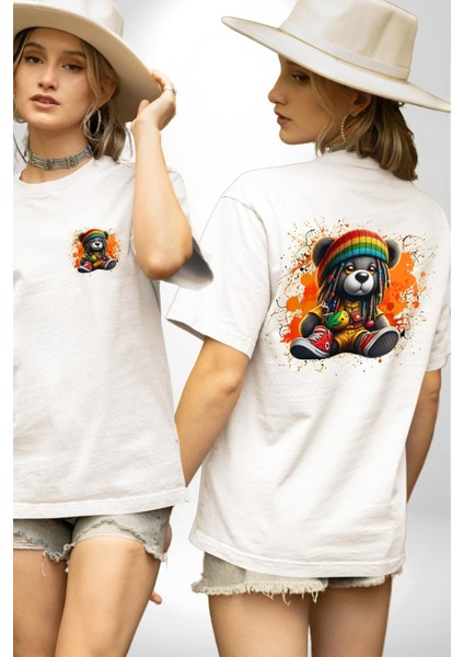 Teddy Bear Ayı Renkli Rasta Ayakkabı Tulum Beyaz Oversize Kadın Erkek Ön ve Sırt Baskılı Tişört