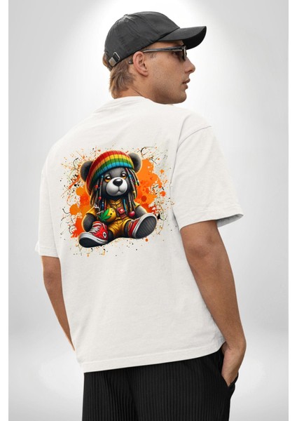 Teddy Bear Ayı Renkli Rasta Ayakkabı Tulum Beyaz Oversize Kadın Erkek Ön ve Sırt Baskılı Tişört fiyatları