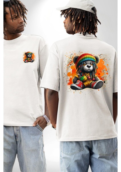 Teddy Bear Ayı Renkli Rasta Ayakkabı Tulum Beyaz Oversize Kadın Erkek Ön ve Sırt Baskılı Tişört fırsatları
