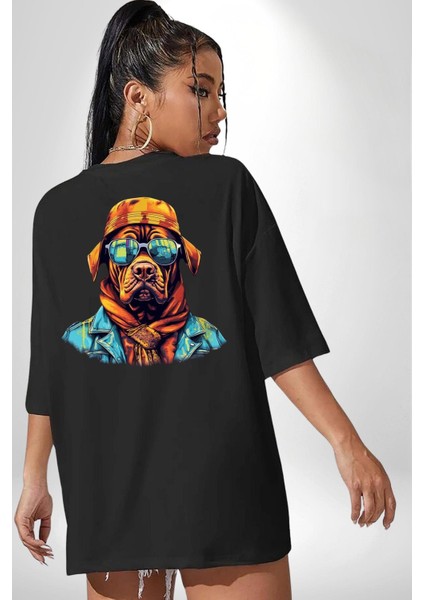 Turuncu Bandanalı Cool Köpek Siyah Oversize Kadın Erkek Ön ve Sırt Baskılı Tişört fiyatları