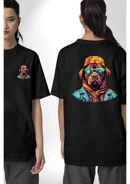 Turuncu Bandanalı Cool Köpek Siyah Oversize Kadın Erkek Ön ve Sırt Baskılı Tişört fırsatları