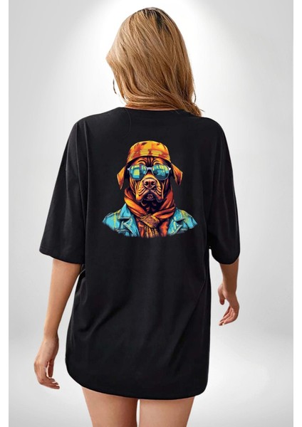 Turuncu Bandanalı Cool Köpek Siyah Oversize Kadın Erkek Ön ve Sırt Baskılı Tişört indirimleri