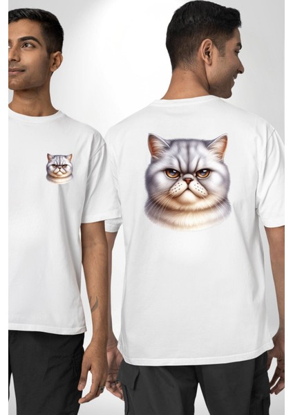 Sert Bakışlar Bu Kedi Şefkatten Uzak Beyaz Oversize Kadın Erkek Ön ve Sırt Baskılı Tişört fırsatları