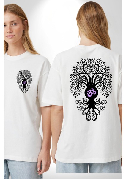 Om Sembolü ve Yaşam Ağacı Yoga Beyaz Oversize Kadın Erkek Ön ve Sırt Baskılı Tişört