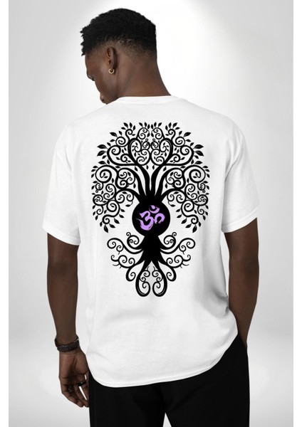 Om Sembolü ve Yaşam Ağacı Yoga Beyaz Oversize Kadın Erkek Ön ve Sırt Baskılı Tişört fiyatları