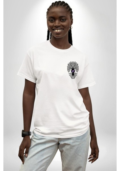 Om Sembolü ve Yaşam Ağacı Yoga Beyaz Oversize Kadın Erkek Ön ve Sırt Baskılı Tişört modelleri