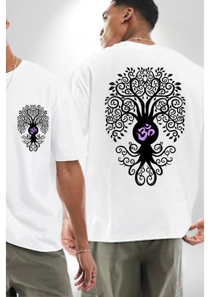 Om Sembolü ve Yaşam Ağacı Yoga Beyaz Oversize Kadın Erkek Ön ve Sırt Baskılı Tişört fırsatları