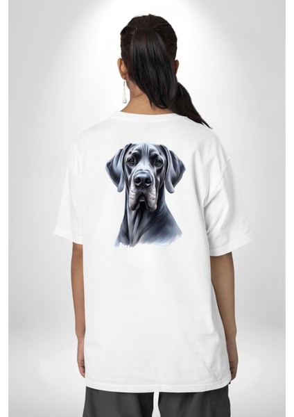 Güçlü Büyük Danua Köpek Dostu Beyaz Oversize Kadın Erkek Ön ve Sırt Baskılı Tişört fiyatları