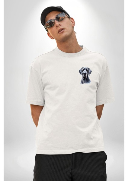 Güçlü Büyük Danua Köpek Dostu Beyaz Oversize Kadın Erkek Ön ve Sırt Baskılı Tişört modelleri