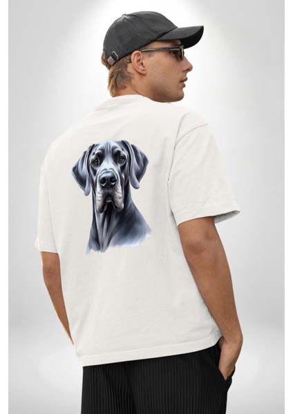 Güçlü Büyük Danua Köpek Dostu Beyaz Oversize Kadın Erkek Ön ve Sırt Baskılı Tişört indirimleri