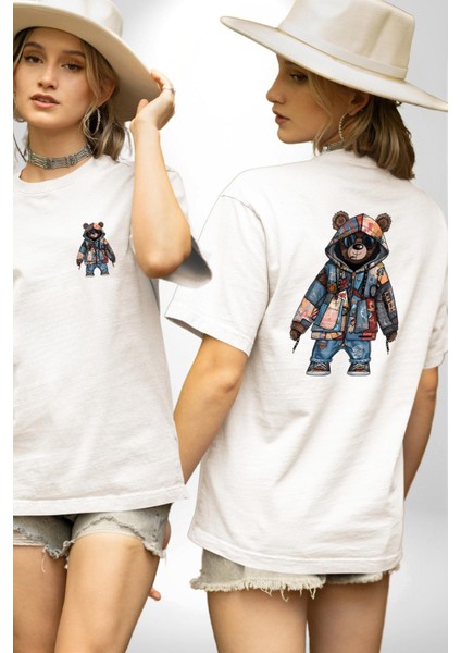 Geri Dönüşümlü Sokak Modası Ayıcık Patchwork Beyaz Oversize Kadın Erkek Ön ve Sırt Baskılı Tişört