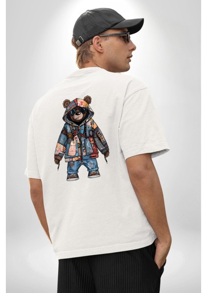 Geri Dönüşümlü Sokak Modası Ayıcık Patchwork Beyaz Oversize Kadın Erkek Ön ve Sırt Baskılı Tişört fiyatları