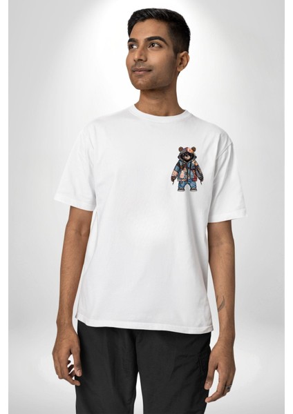 Geri Dönüşümlü Sokak Modası Ayıcık Patchwork Beyaz Oversize Kadın Erkek Ön ve Sırt Baskılı Tişört modelleri