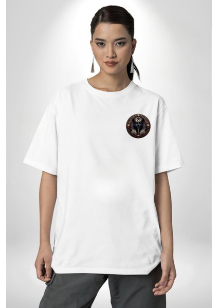 Mısır Atum Ilkel Yaratıcı Tanrısı Beyaz Oversize Kadın Erkek Ön ve Sırt Baskılı Tişört modelleri