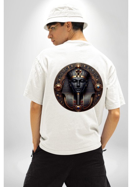 Mısır Atum Ilkel Yaratıcı Tanrısı Beyaz Oversize Kadın Erkek Ön ve Sırt Baskılı Tişört indirimleri
