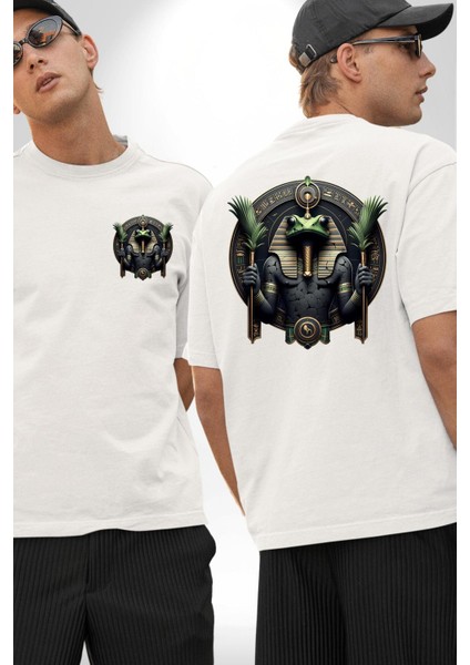 Heh Zaman ve Ebediyet Tanrısı Mısır Beyaz Oversize Kadın Erkek Ön ve Sırt Baskılı Tişört