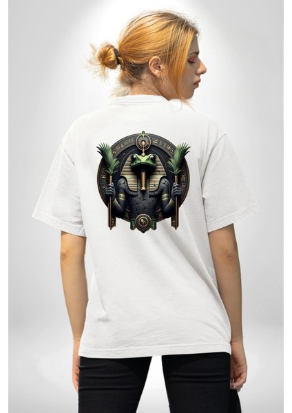 Heh Zaman ve Ebediyet Tanrısı Mısır Beyaz Oversize Kadın Erkek Ön ve Sırt Baskılı Tişört fiyatları