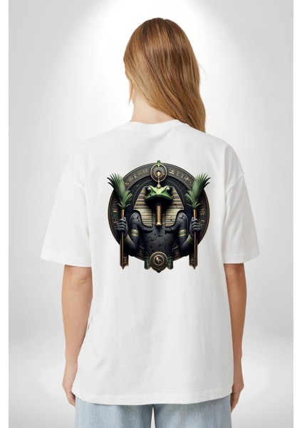 Heh Zaman ve Ebediyet Tanrısı Mısır Beyaz Oversize Kadın Erkek Ön ve Sırt Baskılı Tişört indirimleri