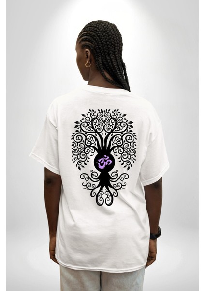 Om Sembolü ve Yaşam Ağacı Yoga Beyaz Oversize Kadın Erkek Ön ve Sırt Baskılı Tişört indirimleri
