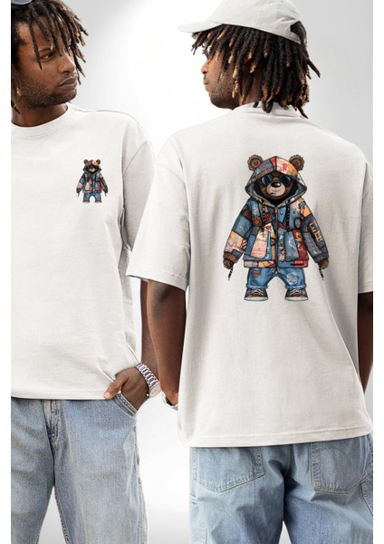 Geri Dönüşümlü Sokak Modası Ayıcık Patchwork Beyaz Oversize Kadın Erkek Ön ve Sırt Baskılı Tişört fırsatları