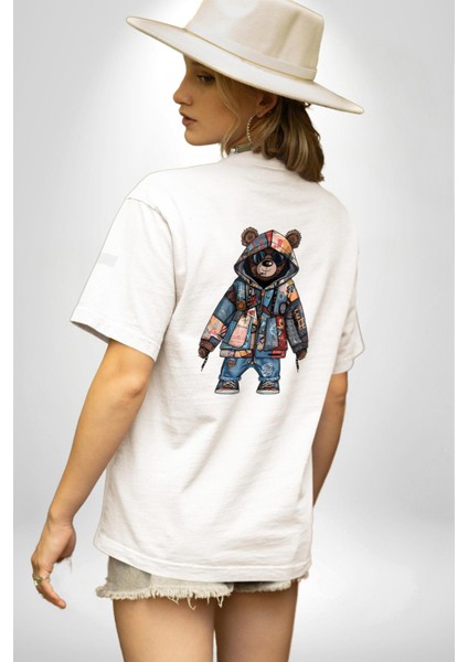 Geri Dönüşümlü Sokak Modası Ayıcık Patchwork Beyaz Oversize Kadın Erkek Ön ve Sırt Baskılı Tişört indirimleri