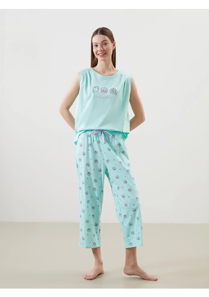 Lcw Dream Bisiklet Yaka Baskılı Kadın Kaprili Pijama Takımı (S5)