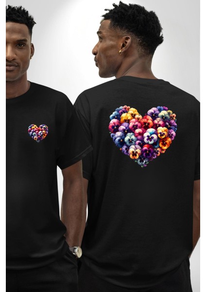 Menekşe Mavi Menekşe Aşkı Siyah Oversize Kadın Erkek Ön ve Sırt Baskılı Tişört