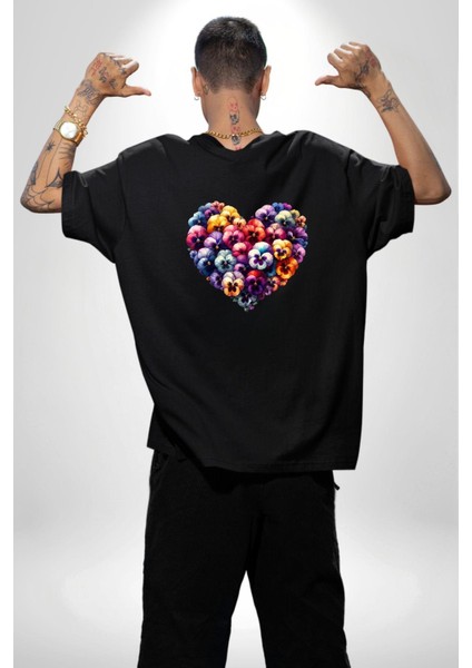 Menekşe Mavi Menekşe Aşkı Siyah Oversize Kadın Erkek Ön ve Sırt Baskılı Tişört fiyatları