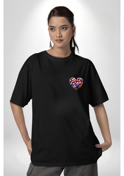 Menekşe Mavi Menekşe Aşkı Siyah Oversize Kadın Erkek Ön ve Sırt Baskılı Tişört modelleri